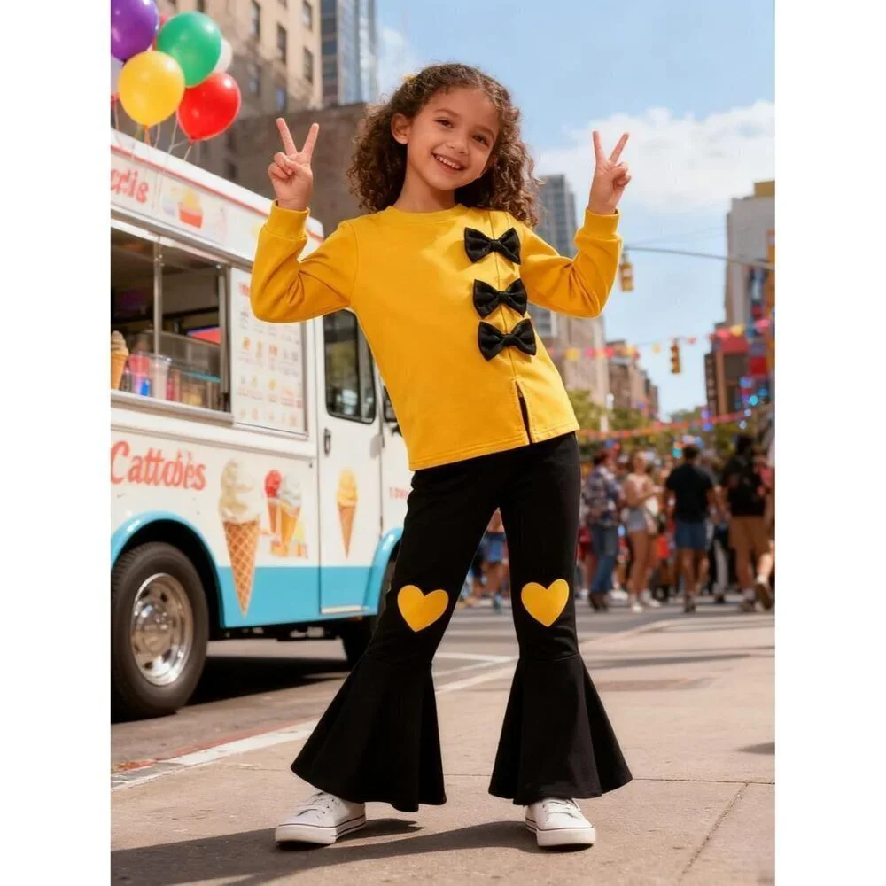 3-9 Years Kids Toddler Girl Clothes bow tie Sweatshirt Flared Pants 2Pcs Fall Wi